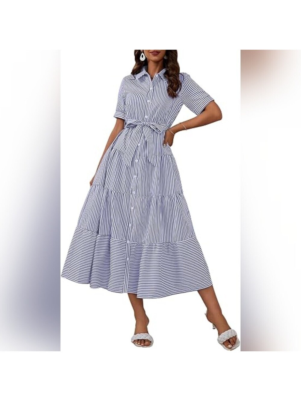 NWT ebossy Boho Striped Button Down Flowy Shirt Dress with Pockets, S (0-2)